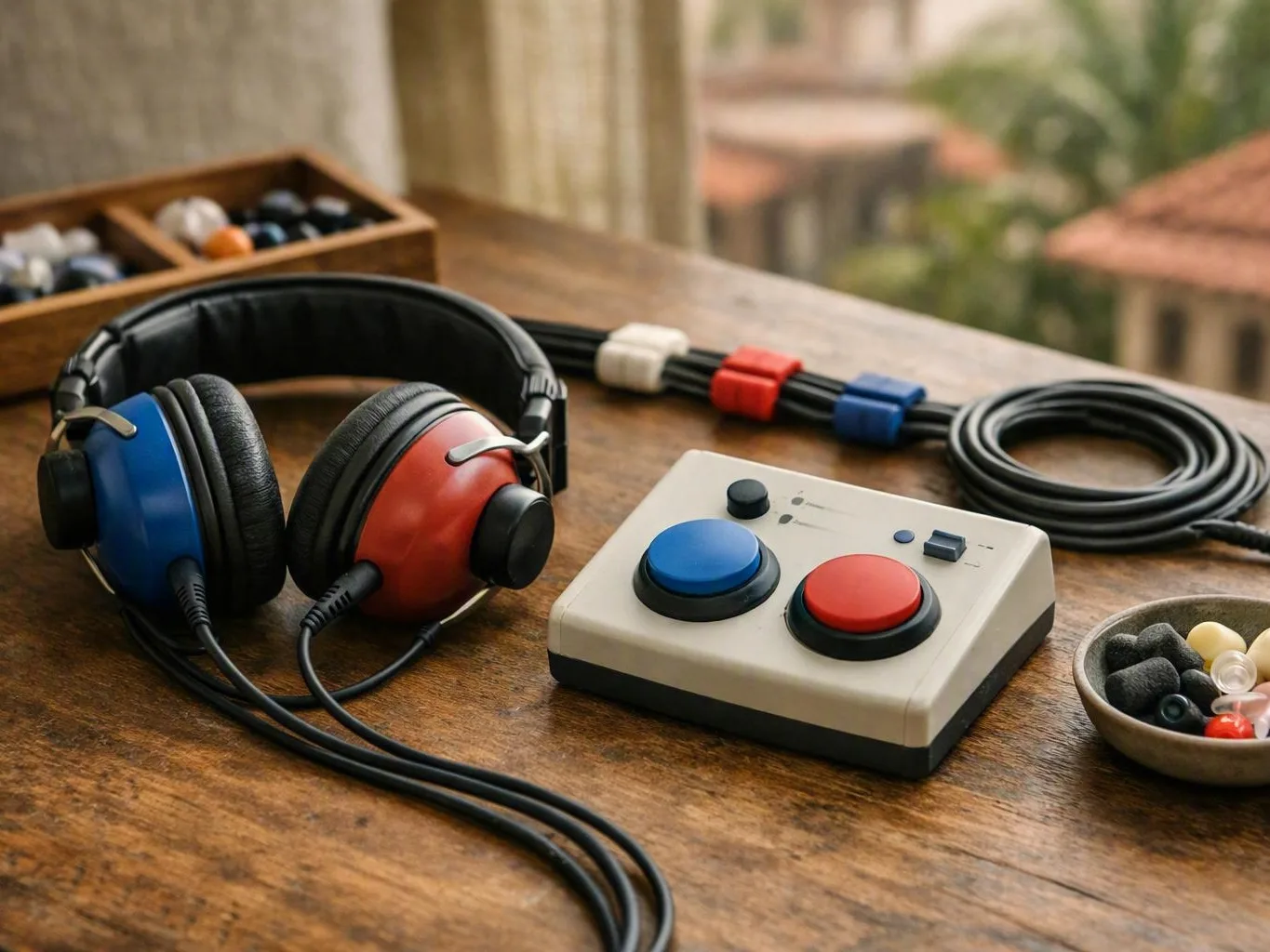 Red and blue headphones beside a button controller and coiled cable on a wooden