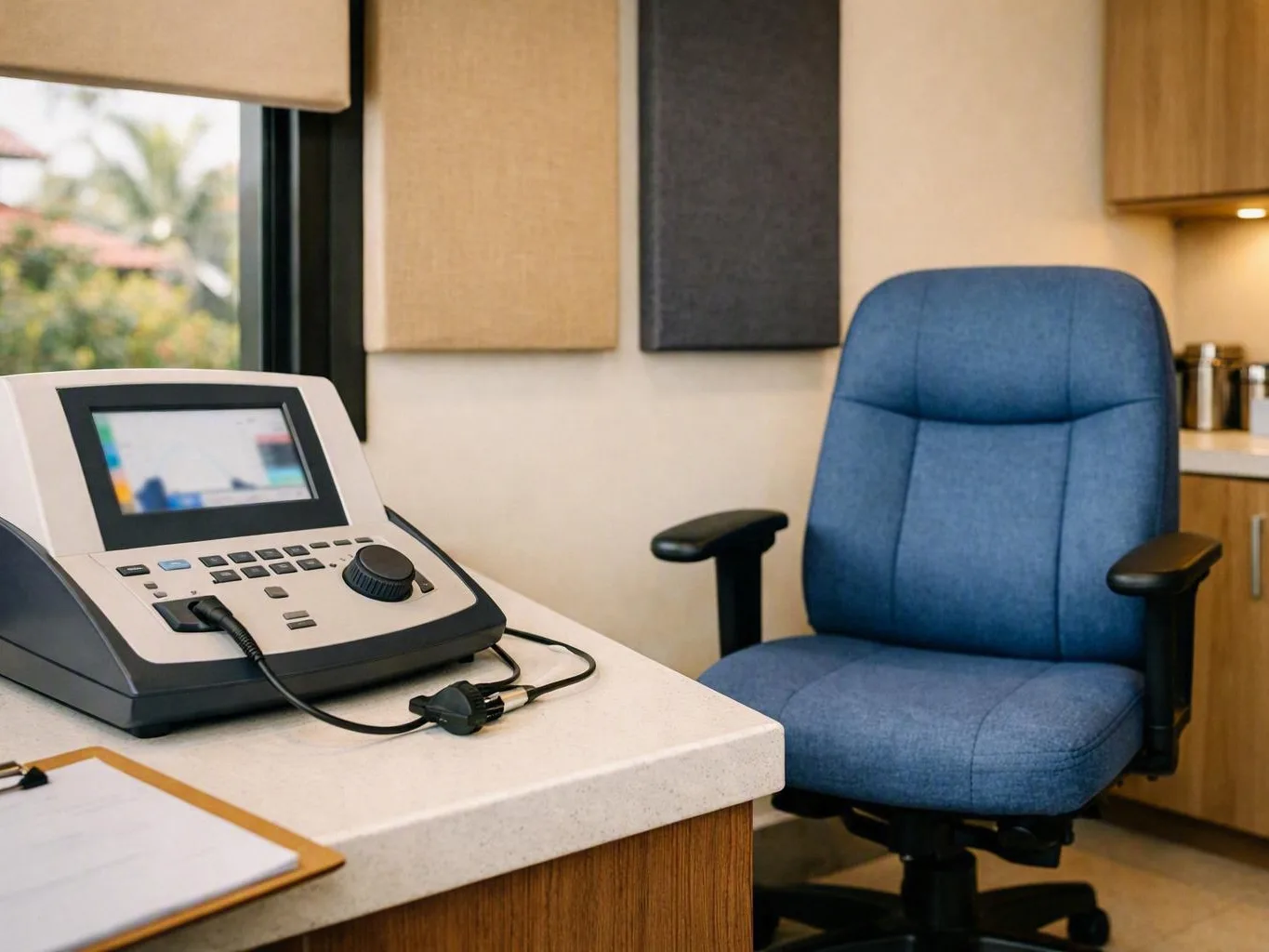 Blue examination chair beside hearing assessment equipment in a quiet clinic