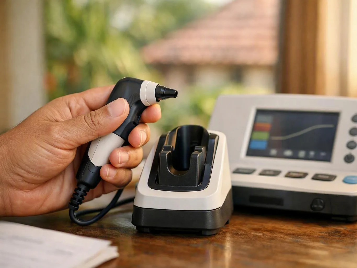 Handheld hearing assessment probe beside its charging base and medical device