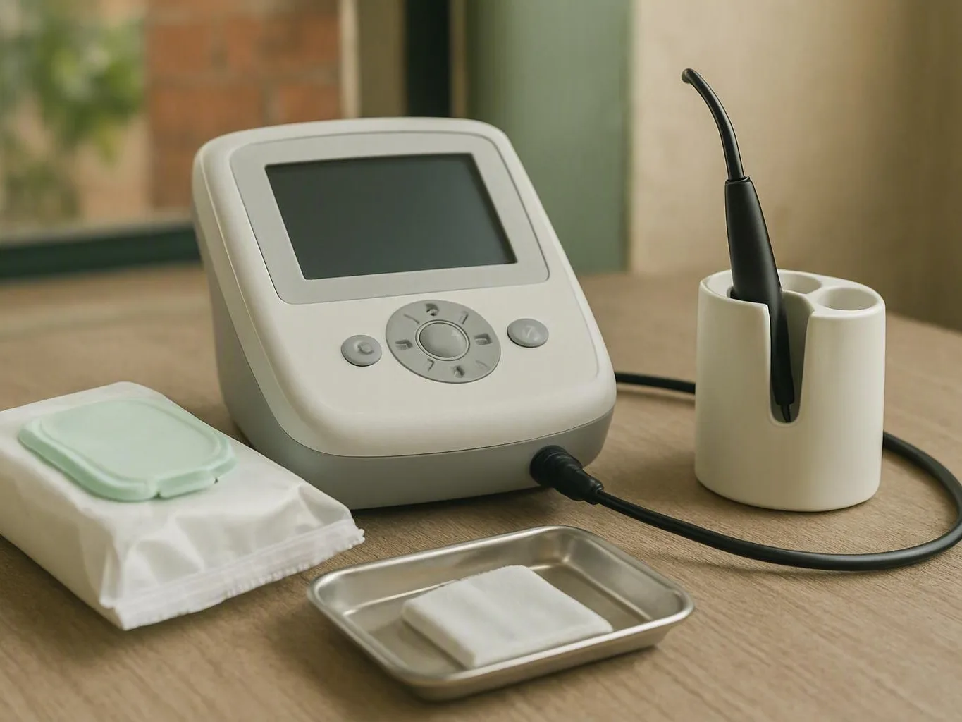 Dental scaler rests beside wipes, metal tray, and a probe-filled pen holder on