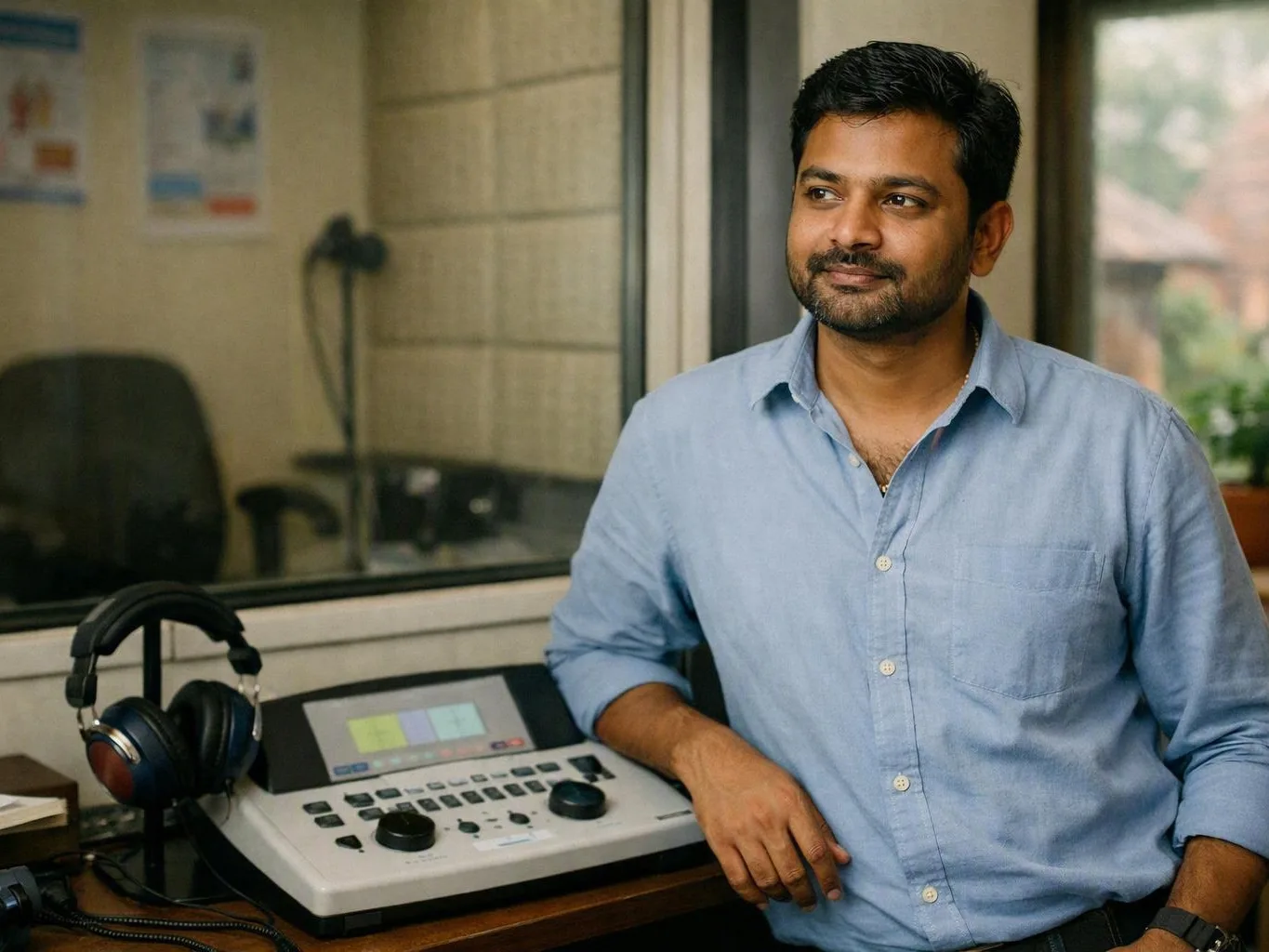 Man in a light blue shirt standing beside headphones and audio equipment in a