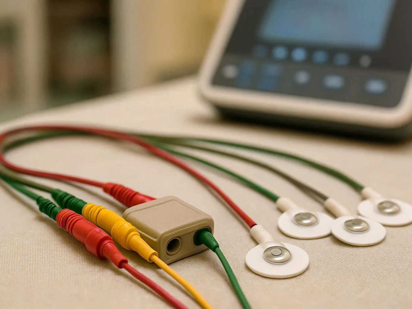 Colourful electrode leads and adhesive pads rest beside a blurred medical monitor