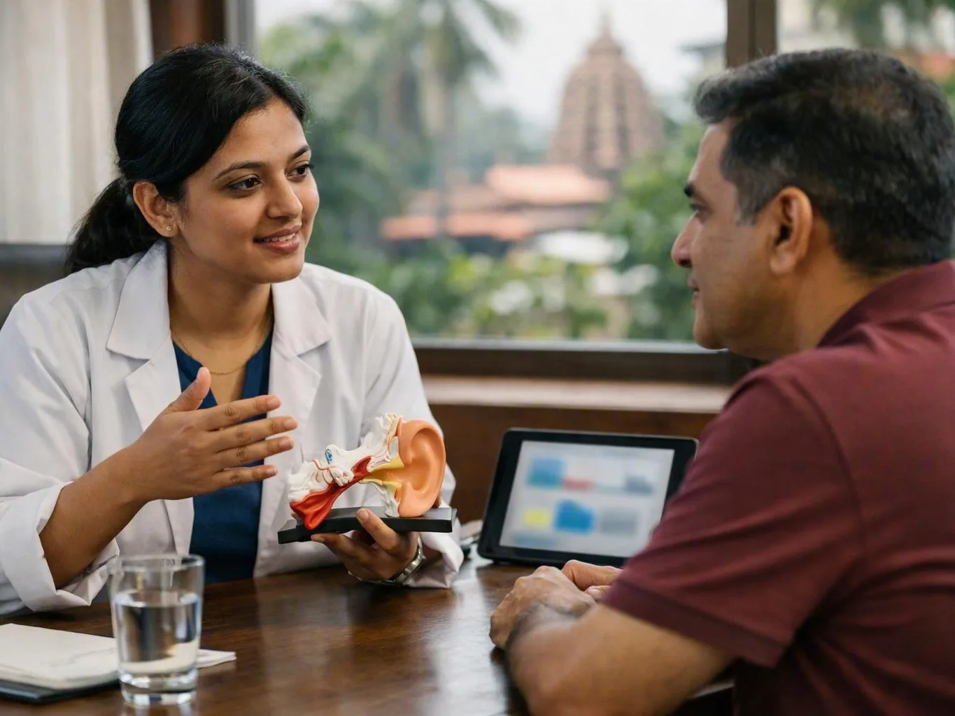 Doctor explains an ear model to a man during a consultation beside a window