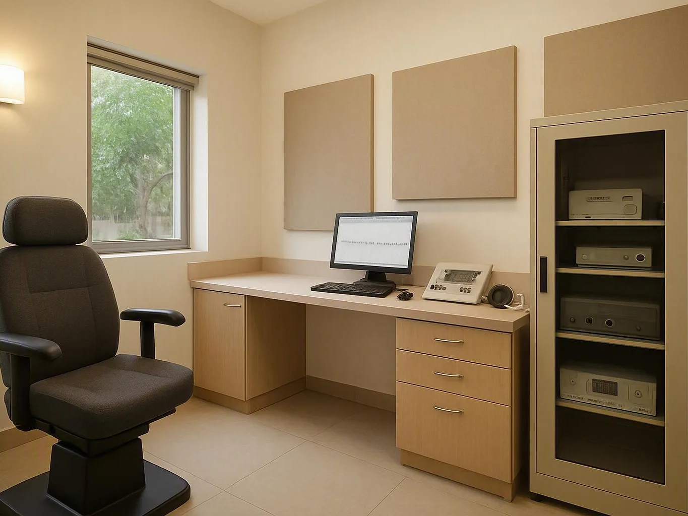 Quiet clinic office with an empty chair, monitor, window, and electronics