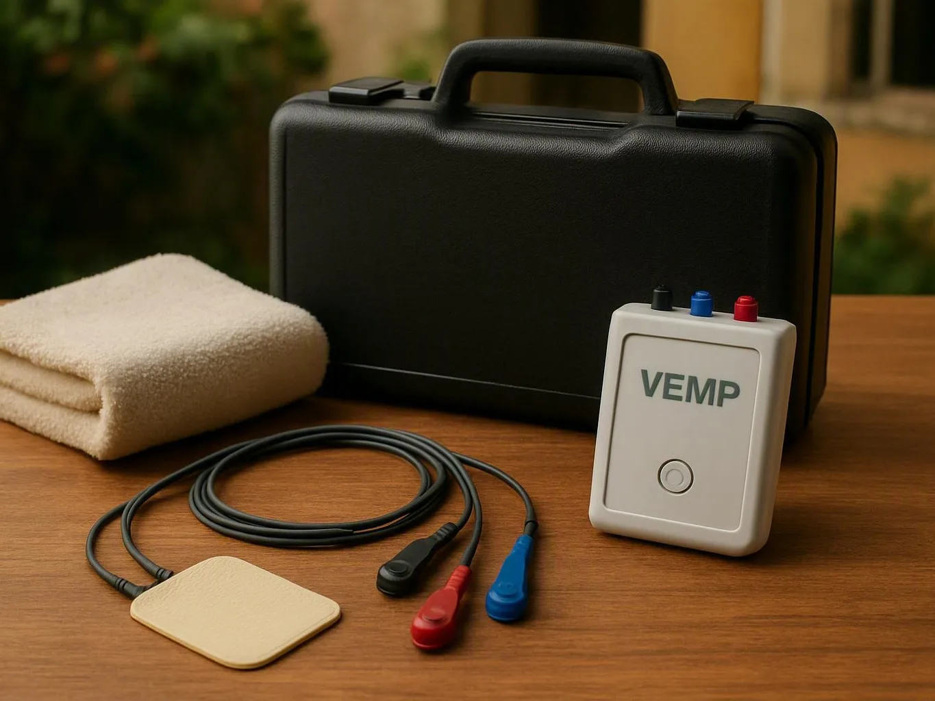 Black carrying case, folded towel, coiled cable, and VEMP device on a wooden