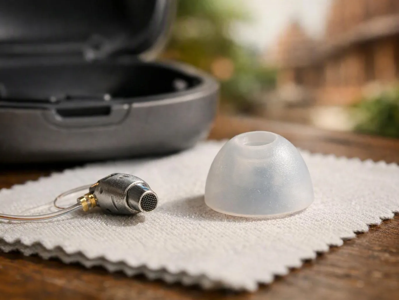 Small earbud with clear silicone tip resting beside an open carrying case