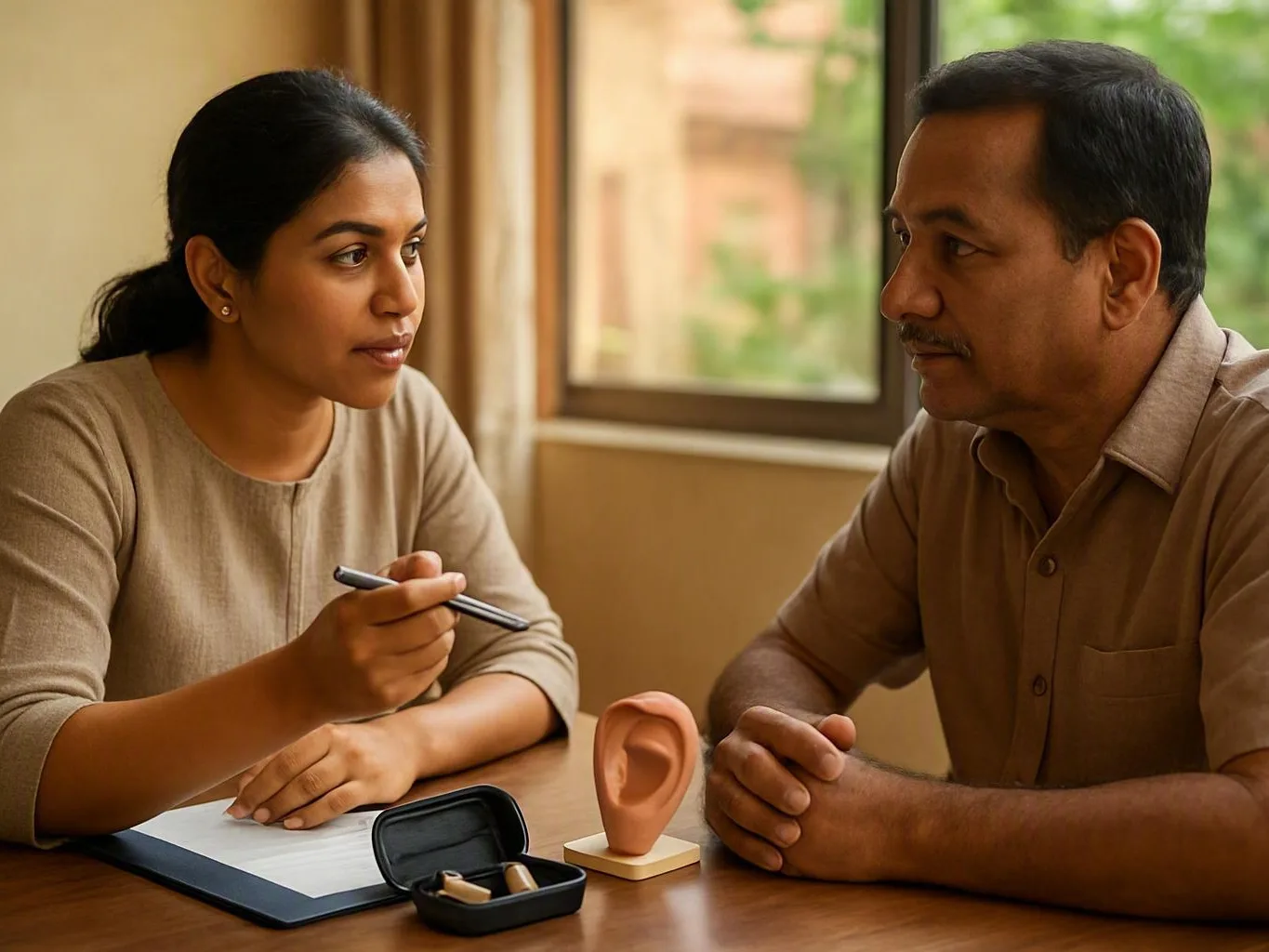 Woman and man discuss hearing accessories beside a hearing aid case and large