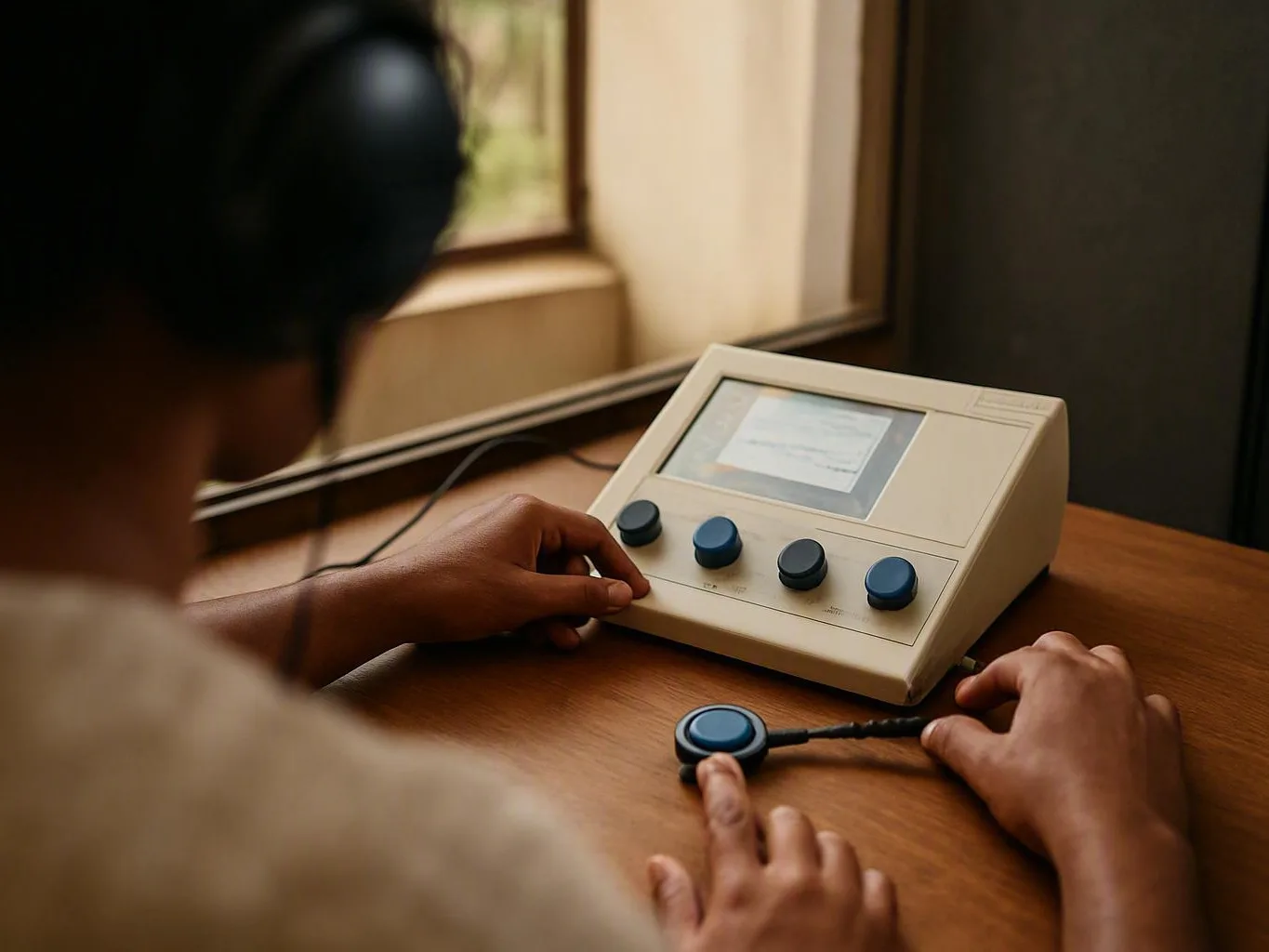 Person wearing headphones adjusting a small audio device with knobs at a wooden