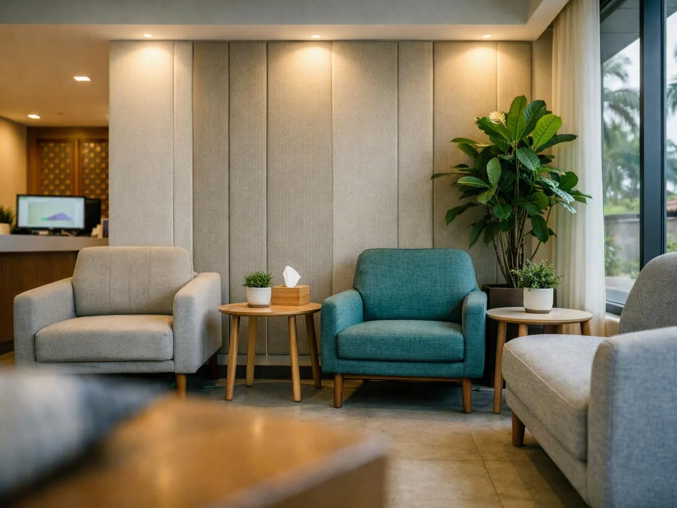 Bright clinic lounge with armchairs, side tables, potted plants, and a large
