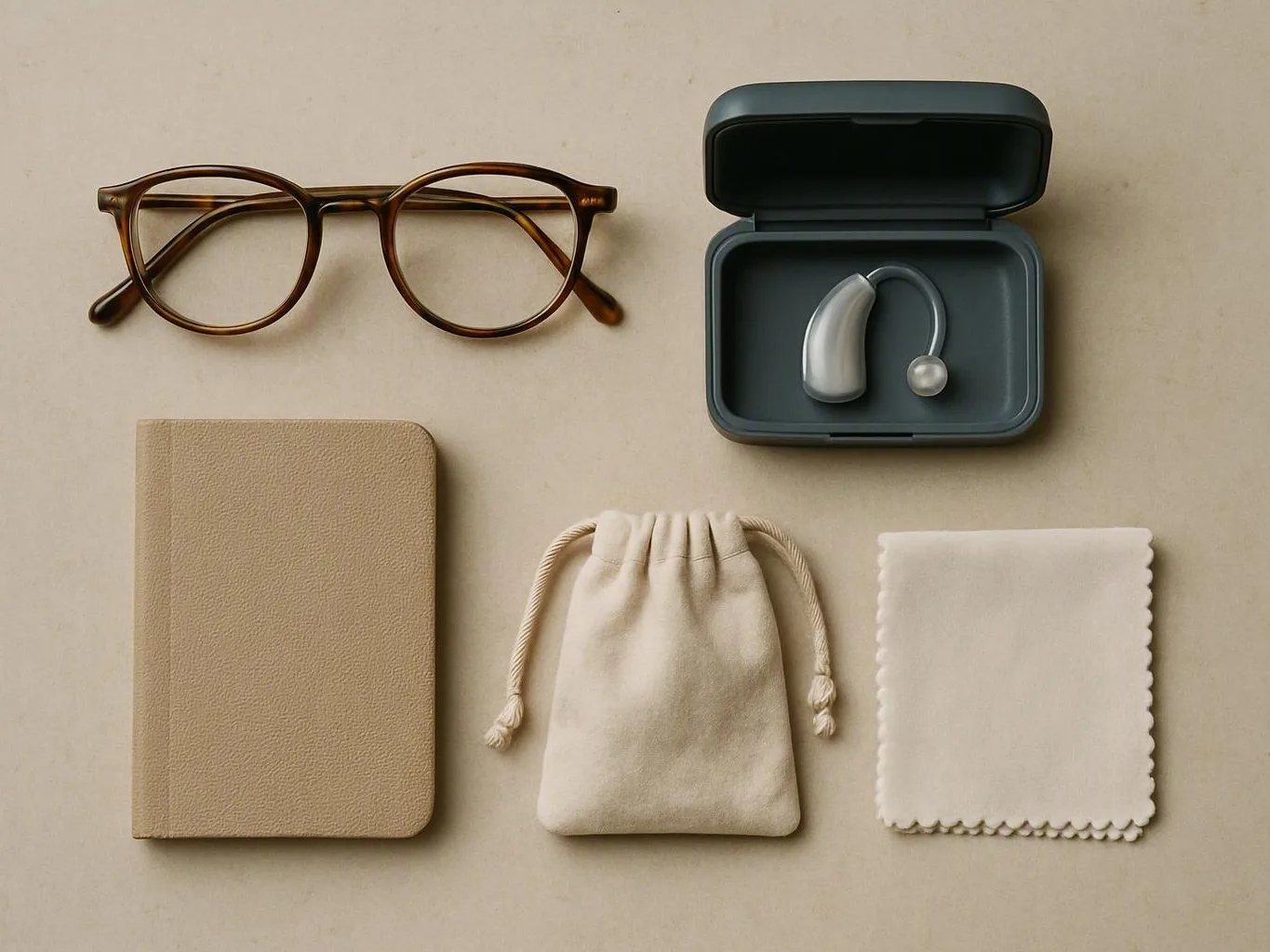 Glasses, hearing aid case, notebook, cloth pouch, and cleaning cloth arranged