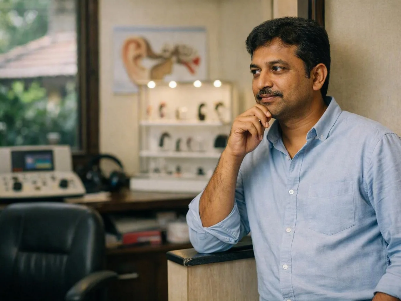 Man in blue shirt beside medical equipment and an ear chart in an office