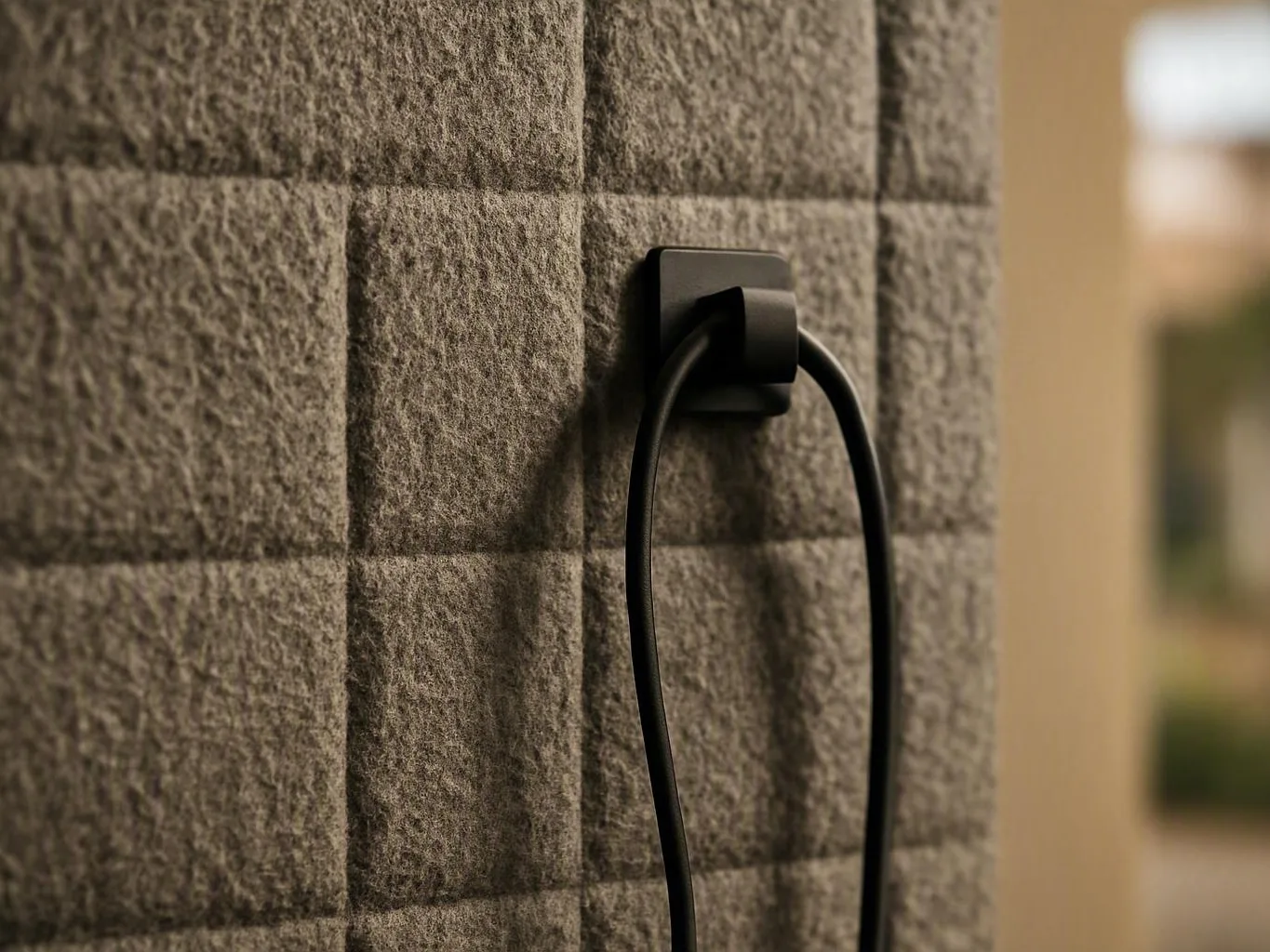 Black cable hanging from a wall-mounted clip on a gray quilted felt panel