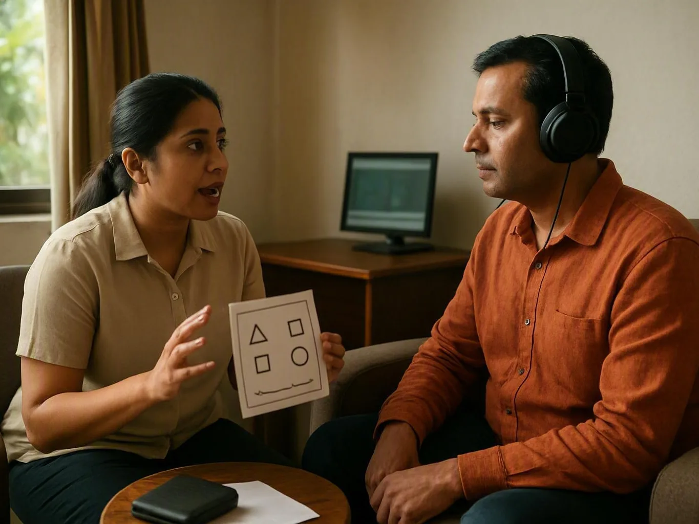 Woman showing a shape card to a man wearing headphones in a small office room