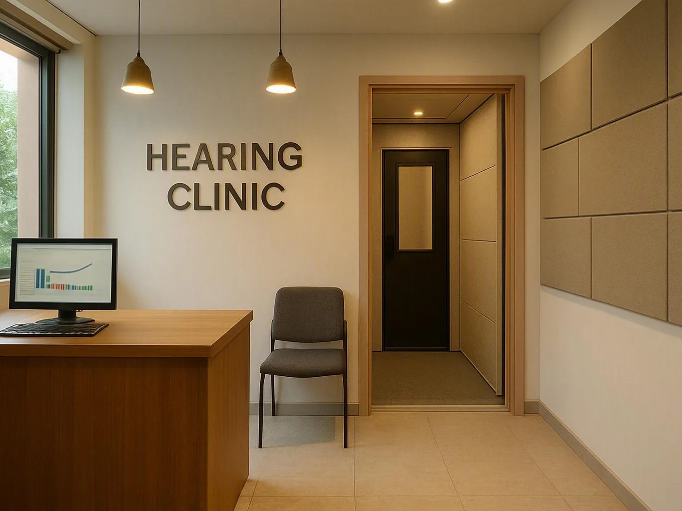 Quiet hearing clinic reception with desk, computer, chair, doorway, and warm