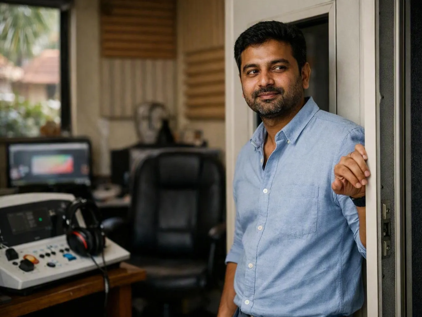 Man standing in a radio studio doorway beside microphones and headphones