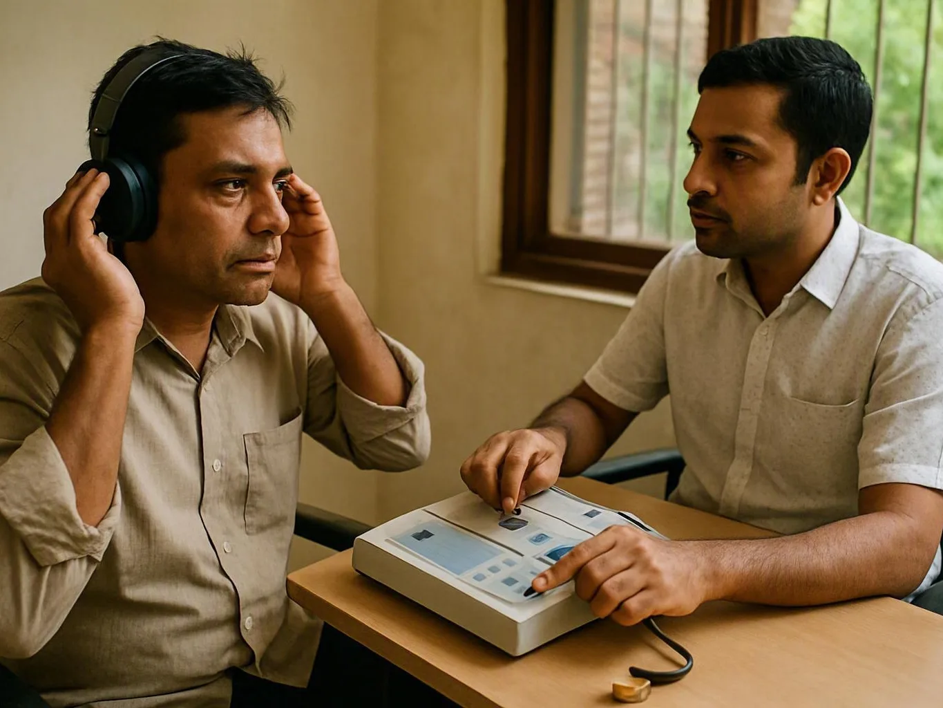 Two men sit at a table as one wears headphones and the other adjusts a testing