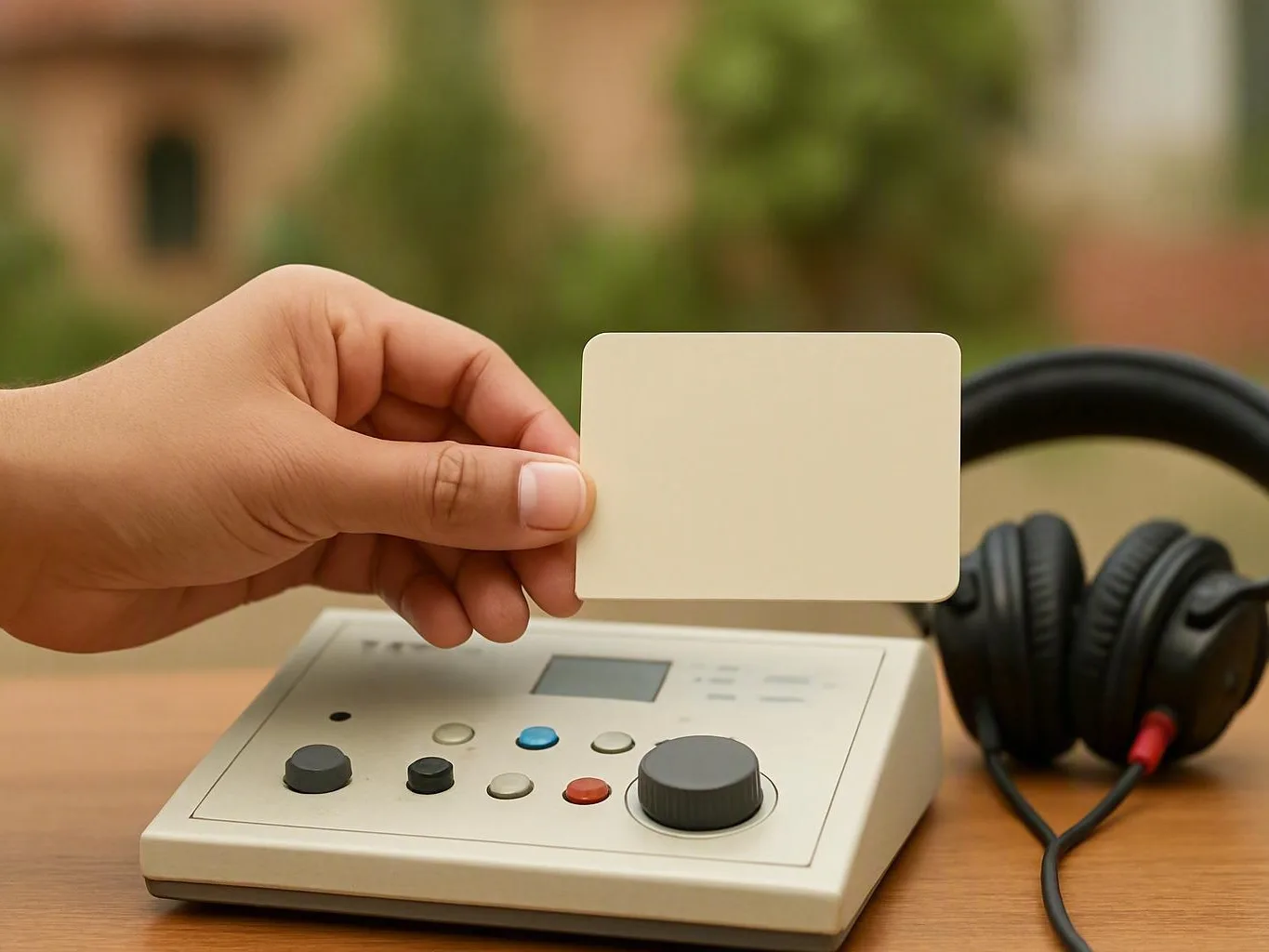 Hand holding a blank card above a control box and black headphones on a wooden table
