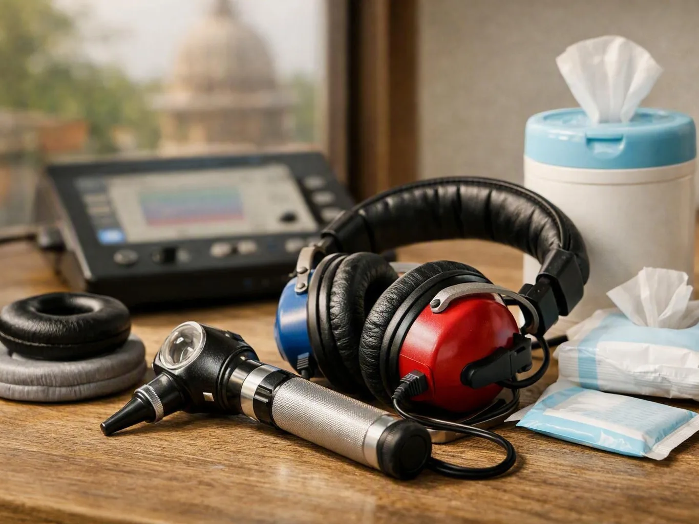 Hearing test equipment, headphones, otoscope, and tissue packs arranged on a — How Can I Check Whether Home Hearing Equipm...