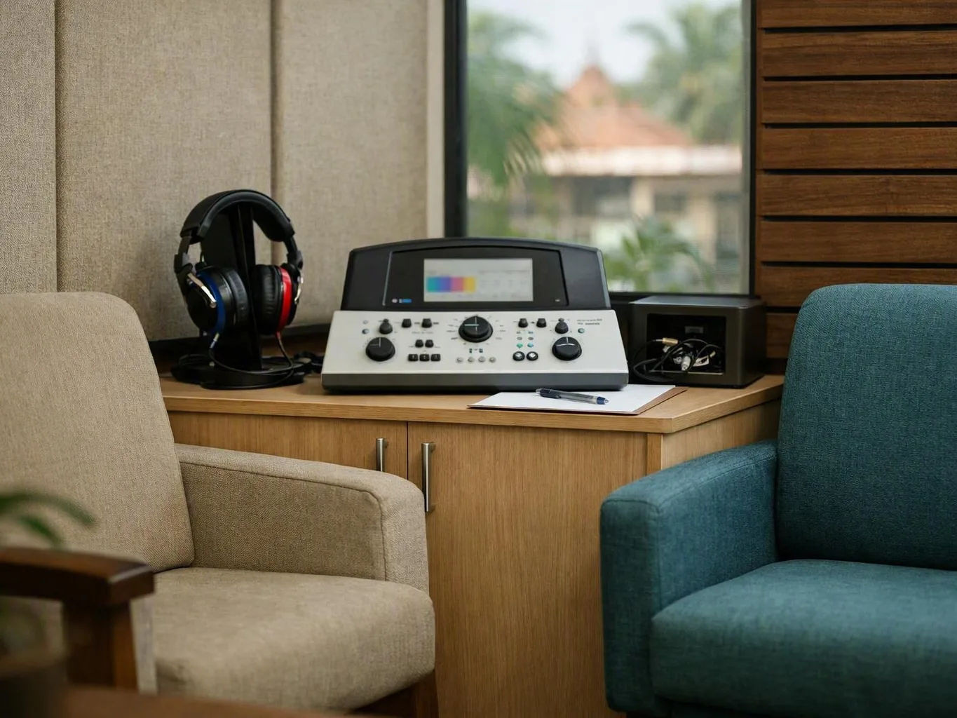Listening station with headphones, control panel, and chairs beside a window in a quiet room