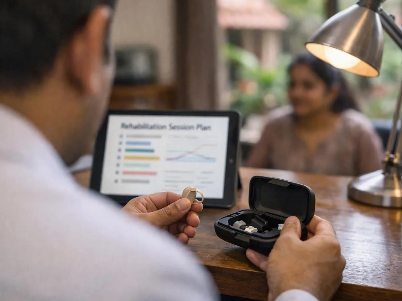 Man holds a hearing aid and open case across a desk while a woman sits behind a — What Methodology Does Tympanometry Typic...