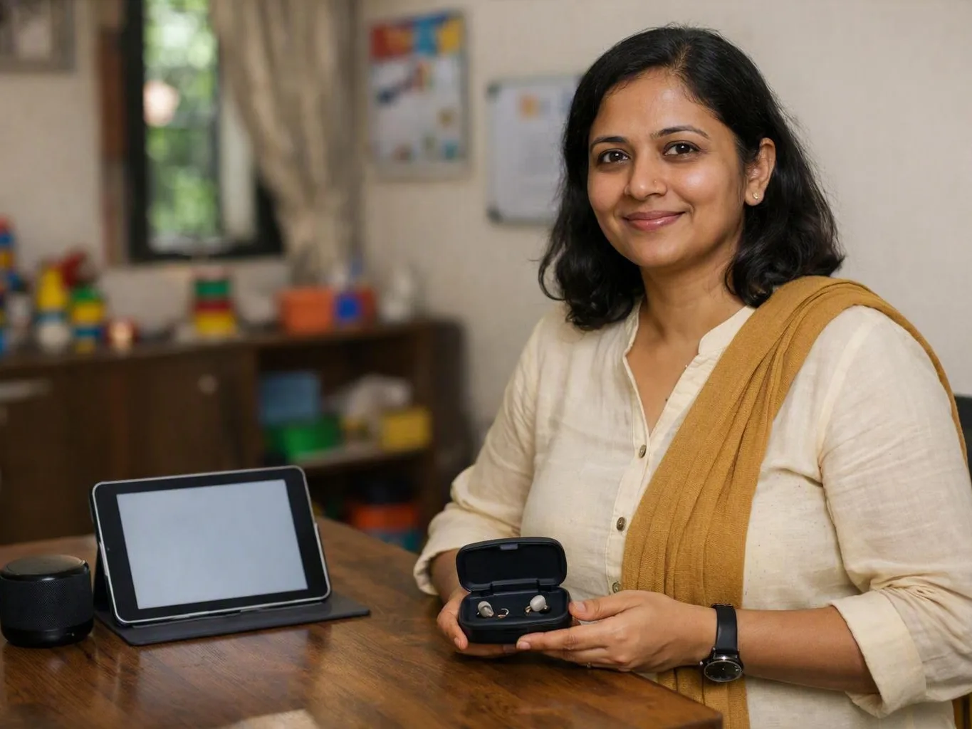 Smiling woman holds an open earbud case beside a tablet at a wooden table