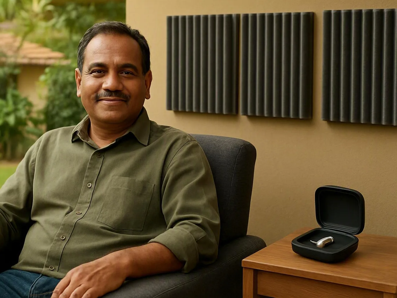 Smiling man sits indoors beside an open hearing aid case on a wooden table