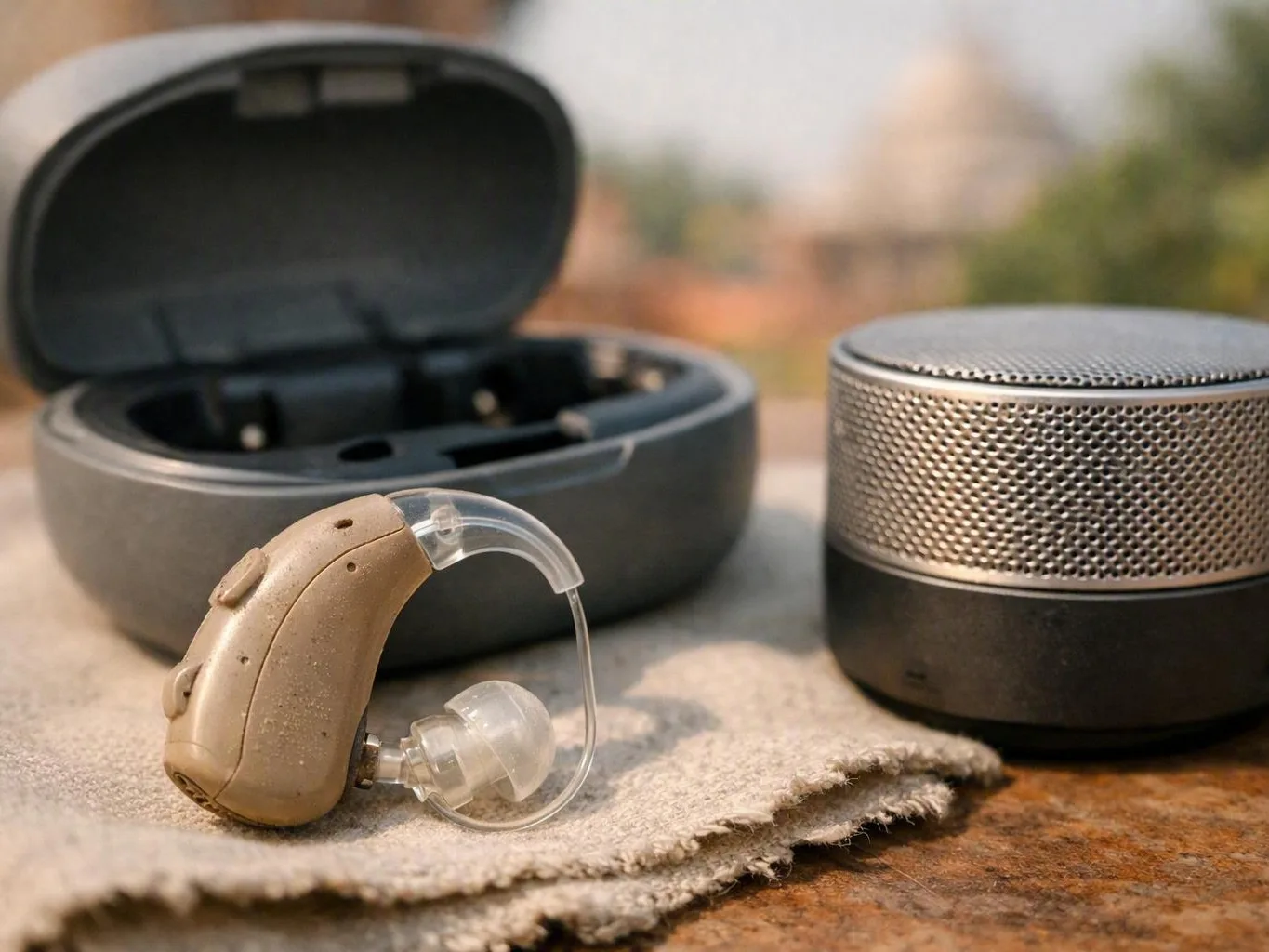 Beige hearing aid beside an open case and small silver speaker on a cloth surface