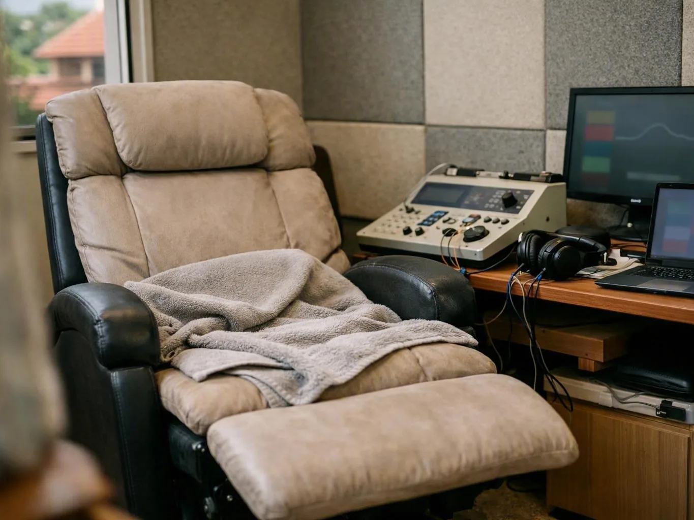 Cushioned reclining chair beside a desk with audio equipment and computer