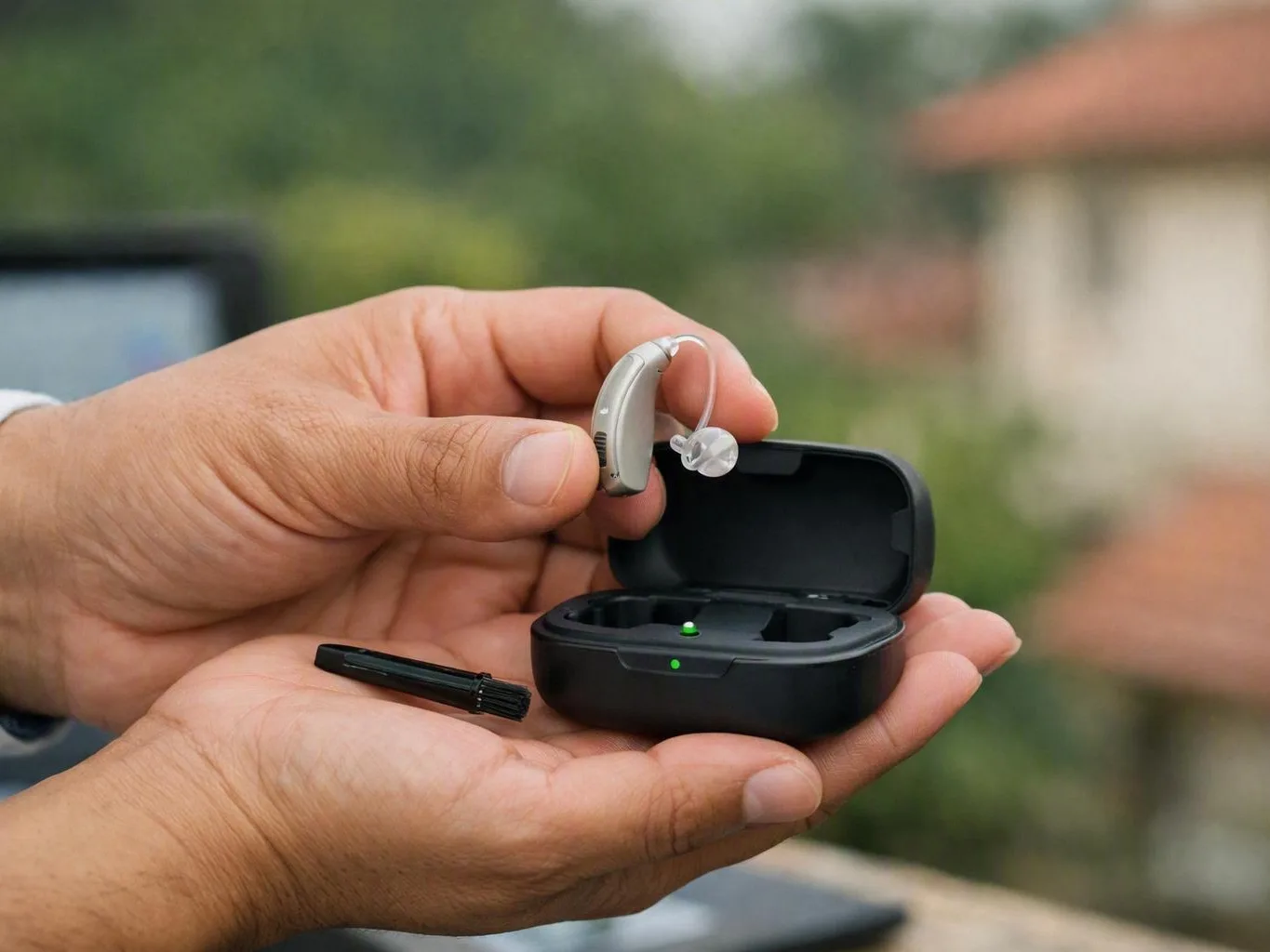 Hands holding a small hearing aid beside its open charging case and cleaning
