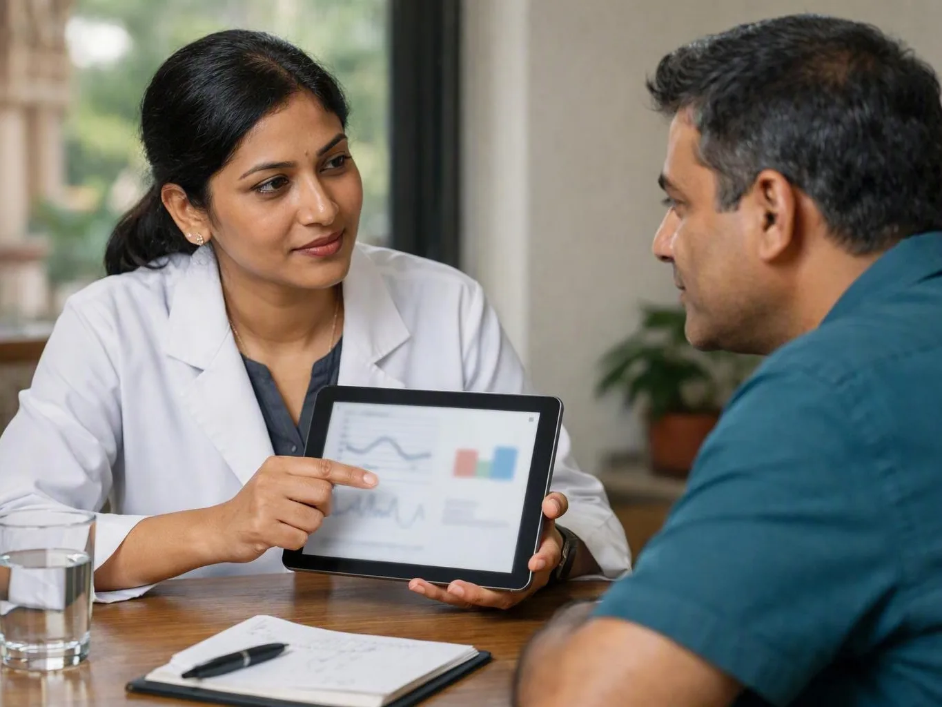 Doctor showing a man hearing assessment charts on a tablet during a clinic