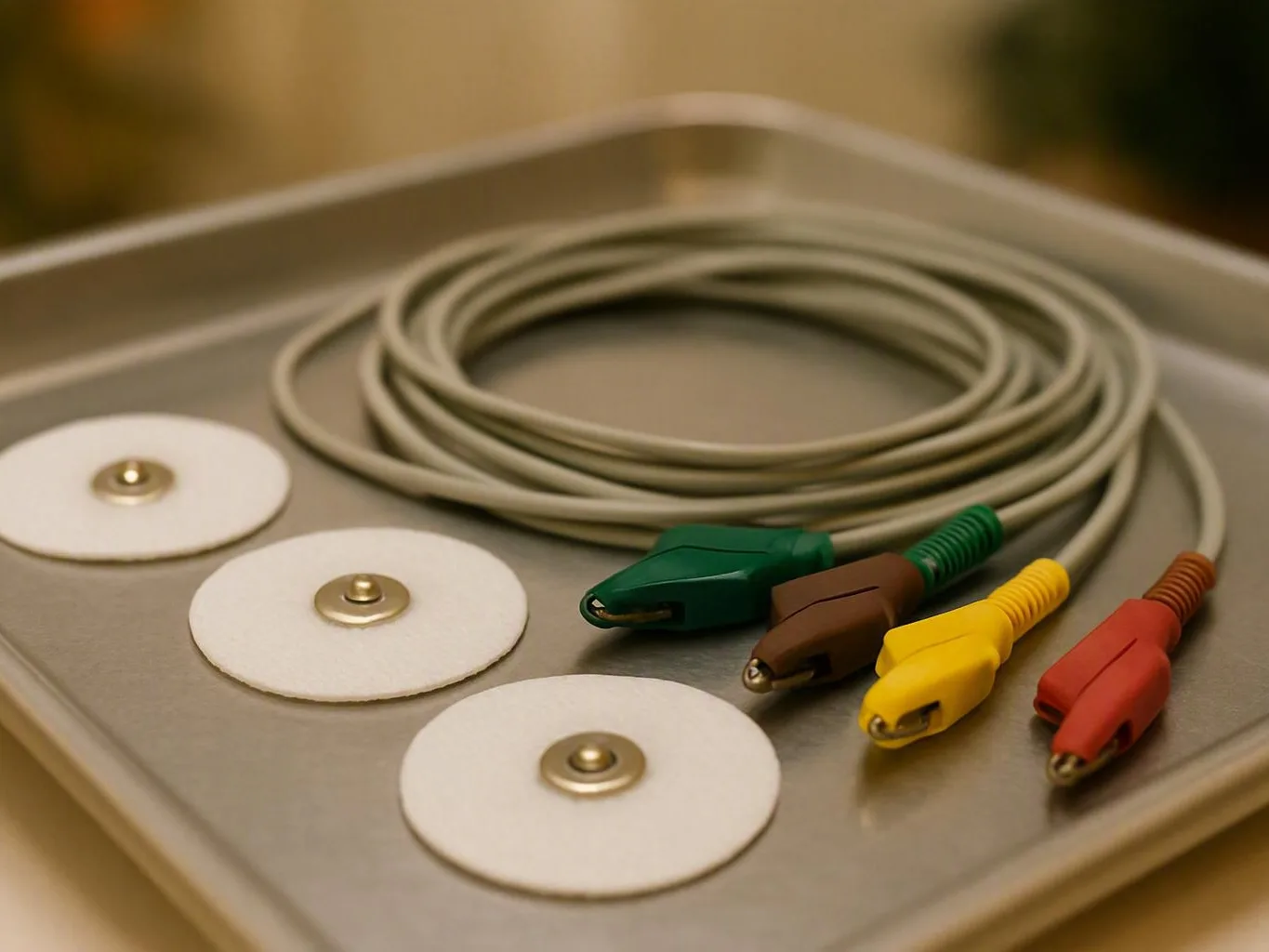 Coiled medical cable with colored connectors and electrode pads on a metal tray — How Does a Clinic Fitting Differ from a...