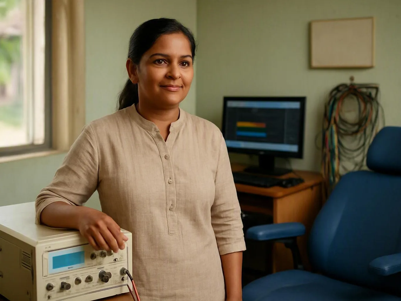 Audiologist programming a digital hearing aid beside test equipment