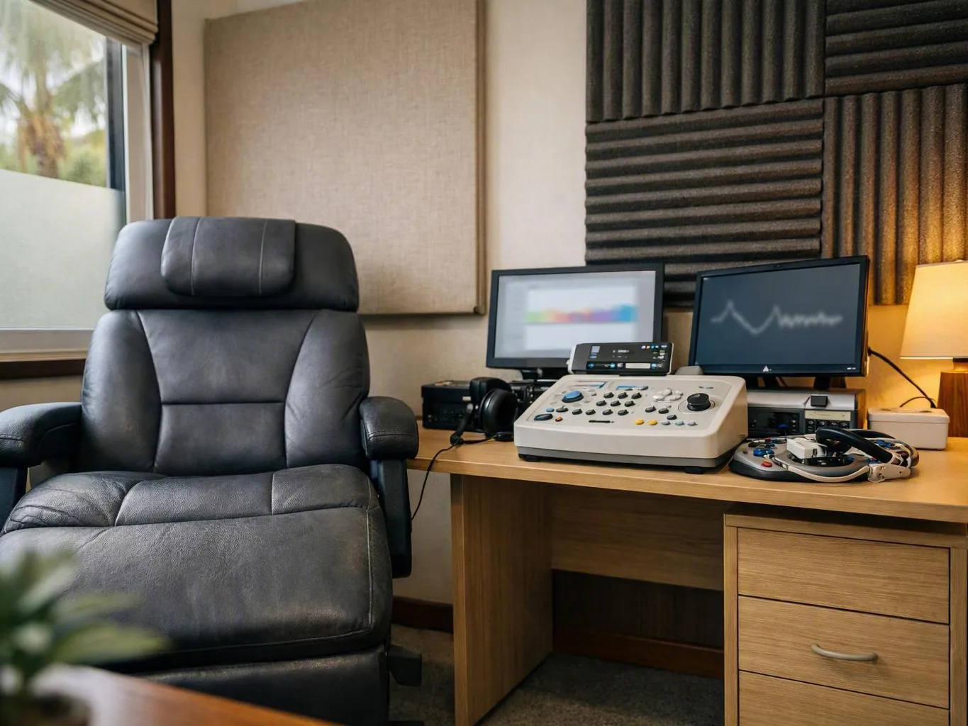 Black leather chair beside a desk with audio testing equipment and two monitors
