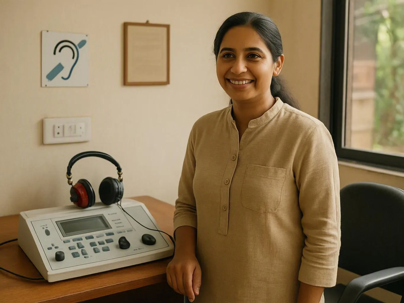 Smiling woman standing beside a hearing test device and headphones in a bright