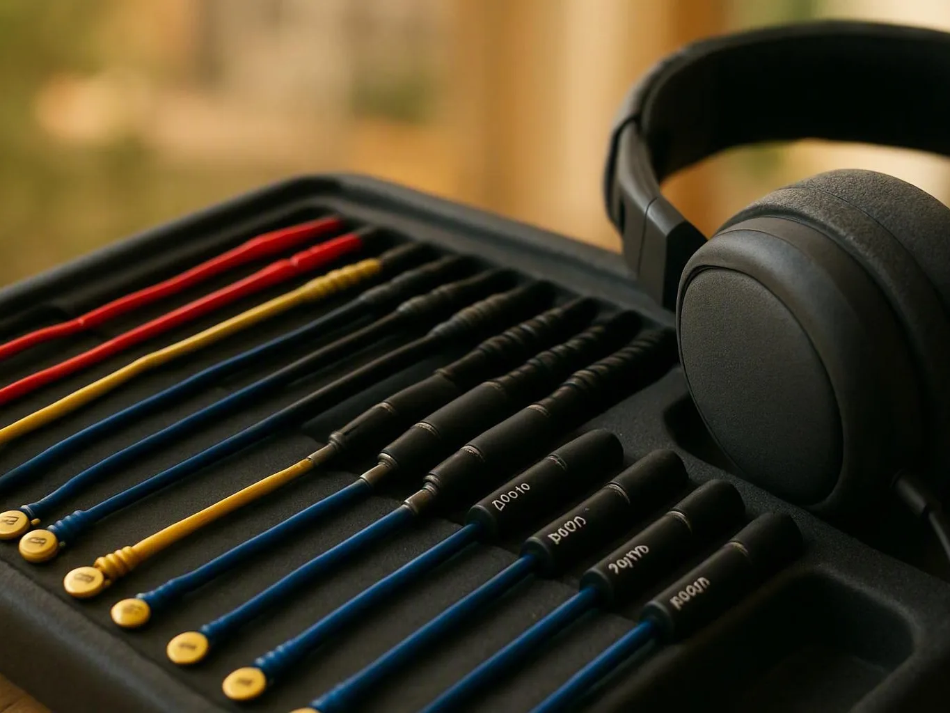 Black over-ear headphones beside a tray of labeled, colourful cable tips