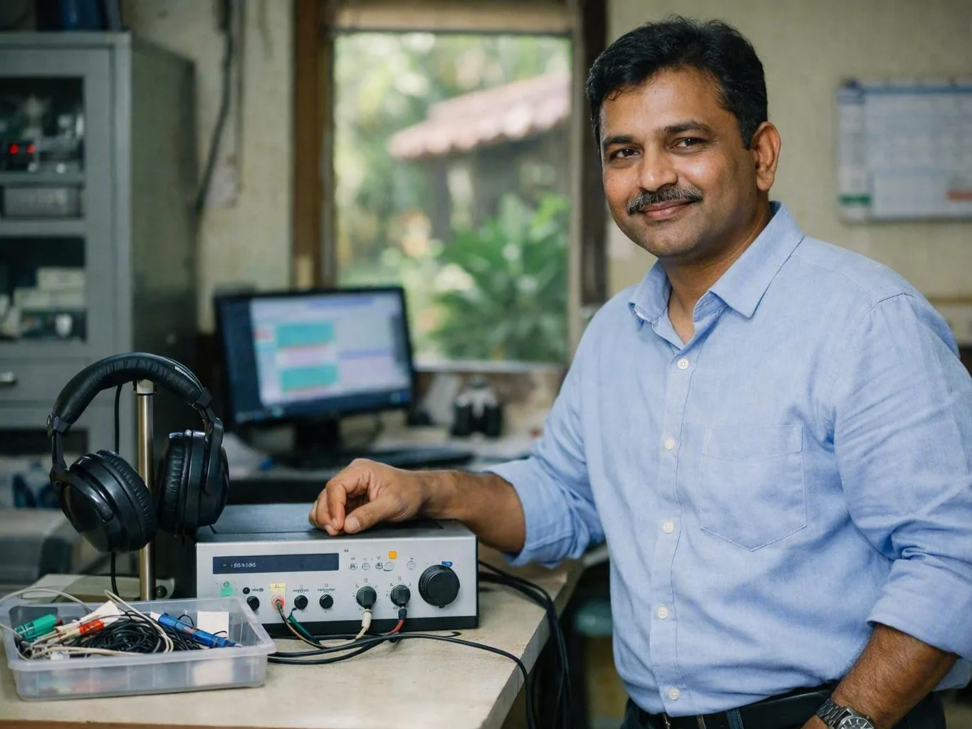 Smiling man seated beside audio equipment, headphones, and a computer in a
