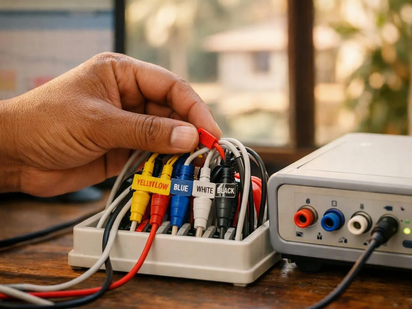 Hand sorting labeled colored cables beside a small electronic device on a