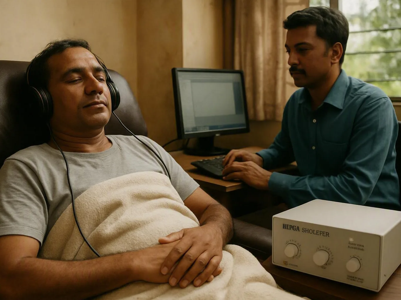 Man wearing headphones while another man operates a computer beside a small