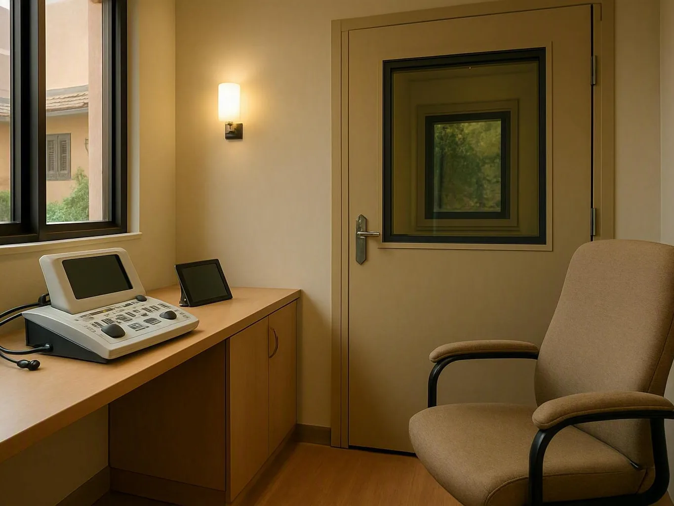 Small beige office with a chair, desk equipment, window, and glass-panel door