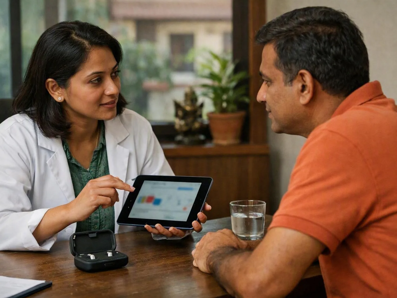 Audiologist in a white coat shows a tablet to a seated man during an indoor
