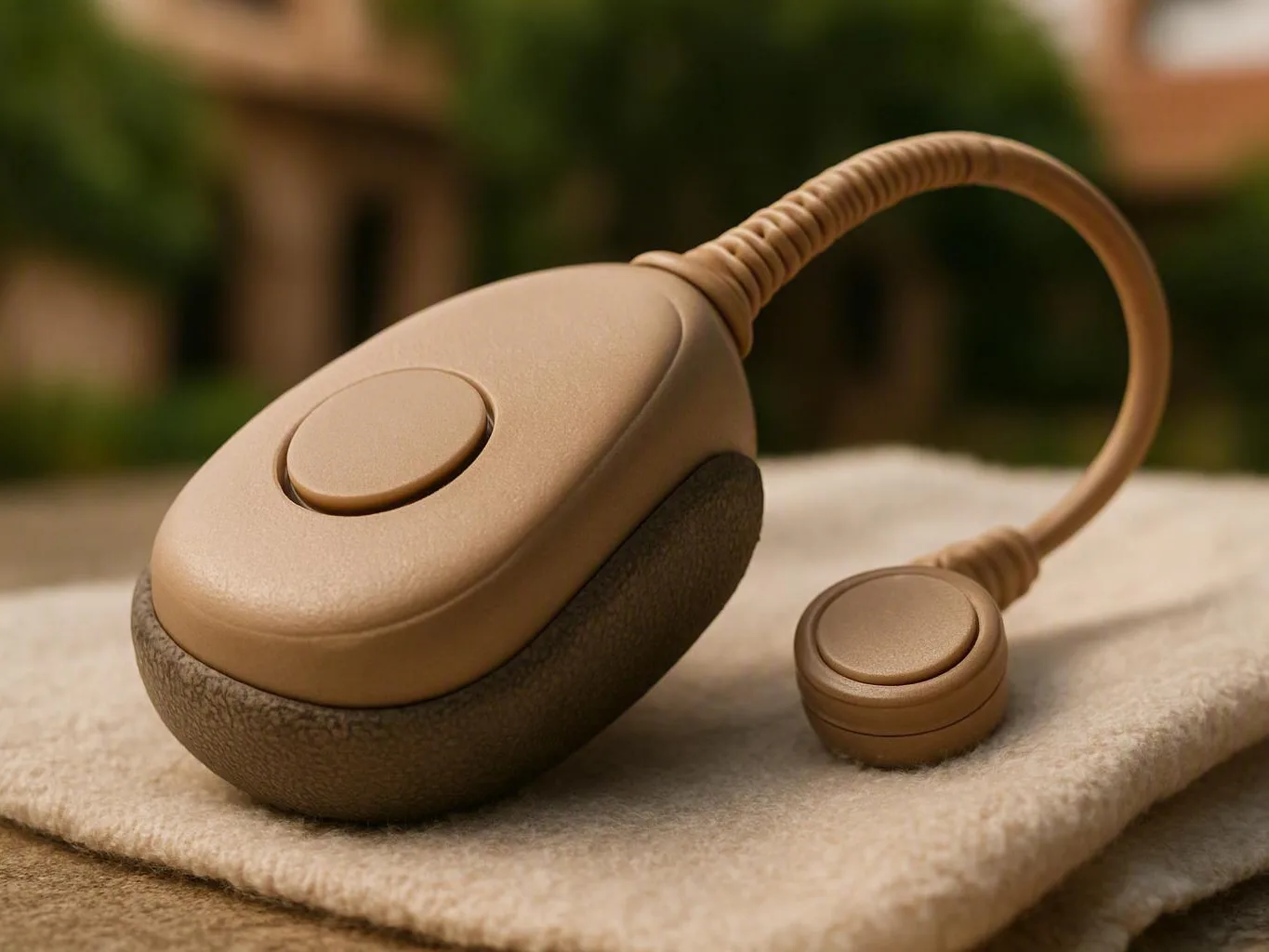 Tan oval control device with a cord resting on folded beige fabric outdoors
