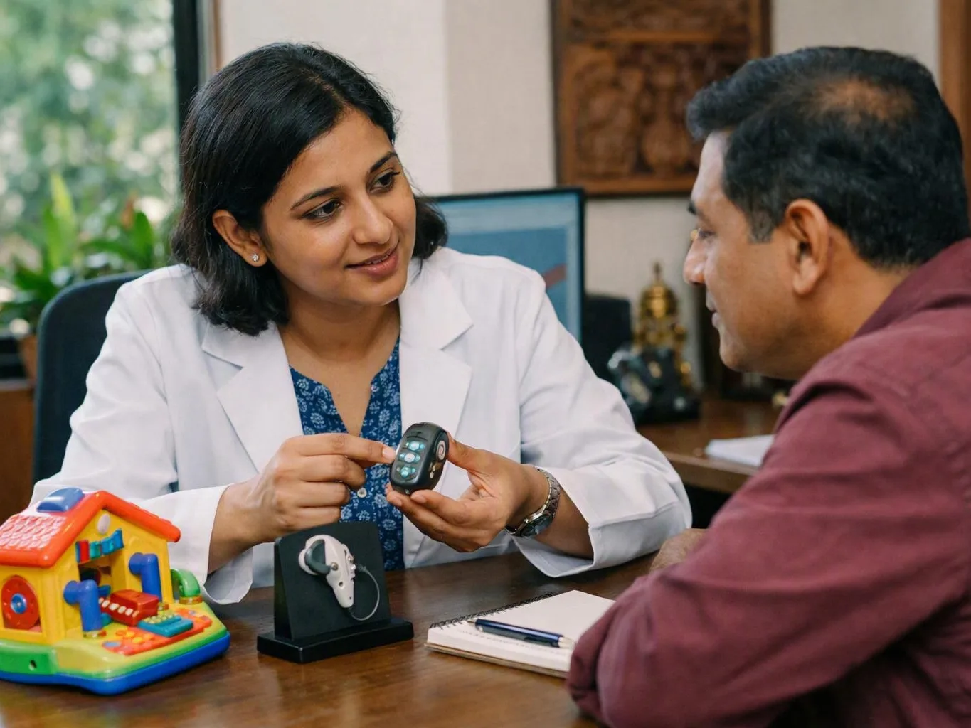 Doctor showing a man a smartwatch beside a hearing aid on an office desk
