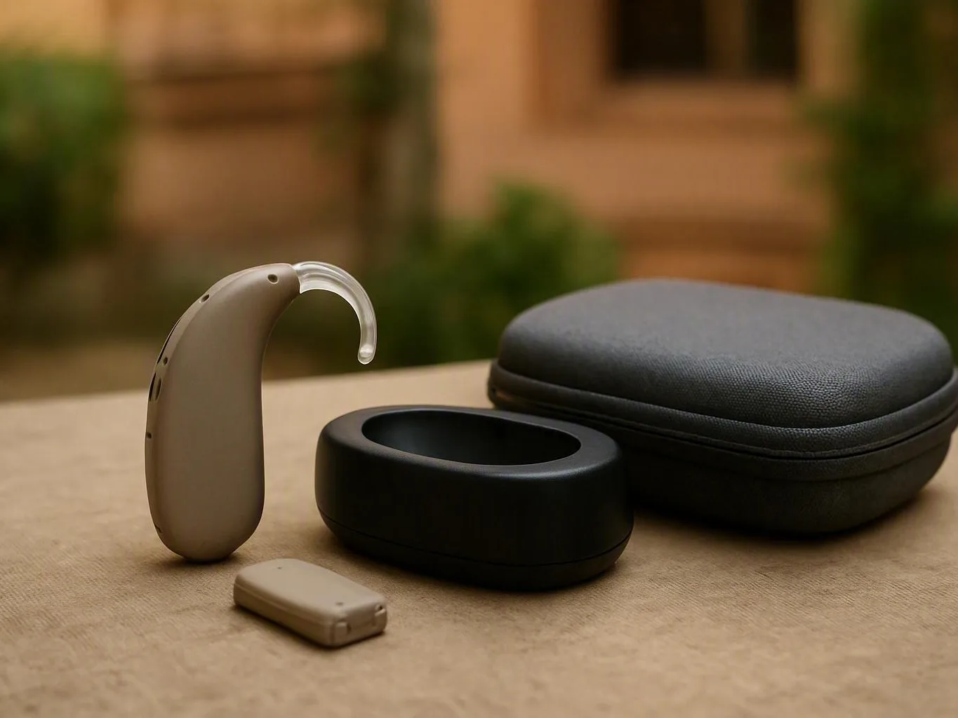 Beige hearing aid, black charging case, and accessory displayed on a table