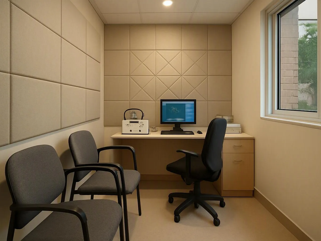Audiologist programming a digital hearing aid at a desk
