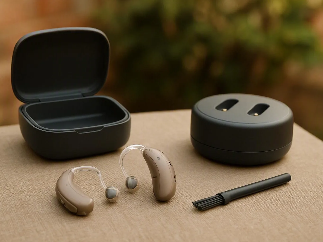 Two beige hearing aids beside open and closed charging cases with a cleaning