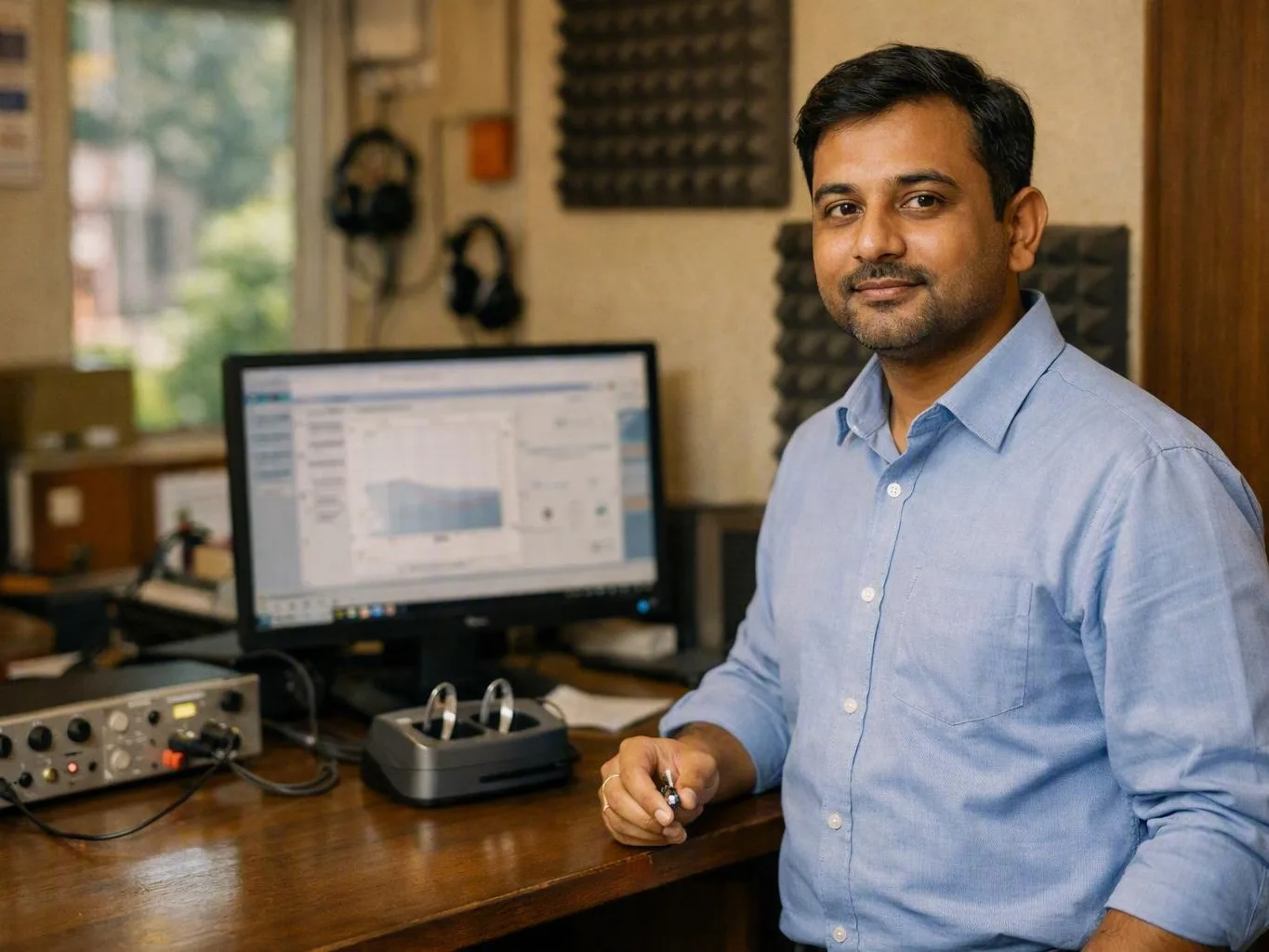 Man in a light blue shirt standing beside audio equipment and a computer monitor