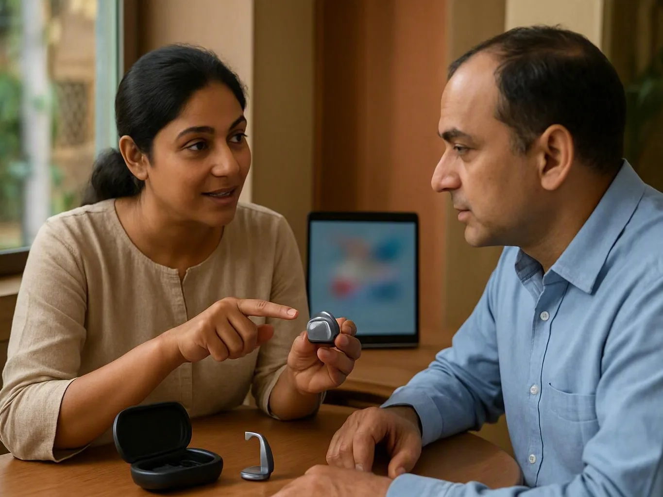 Woman points to a small device while speaking with a man at an indoor wooden