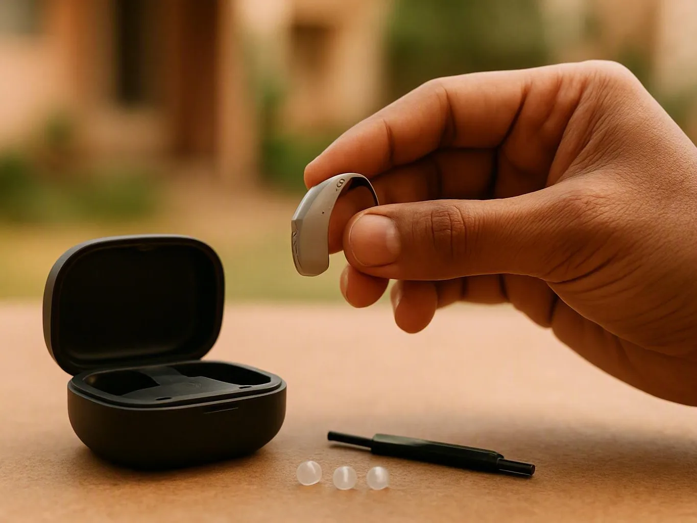 Hand holds a hearing aid above an open black charging case on a tabletop