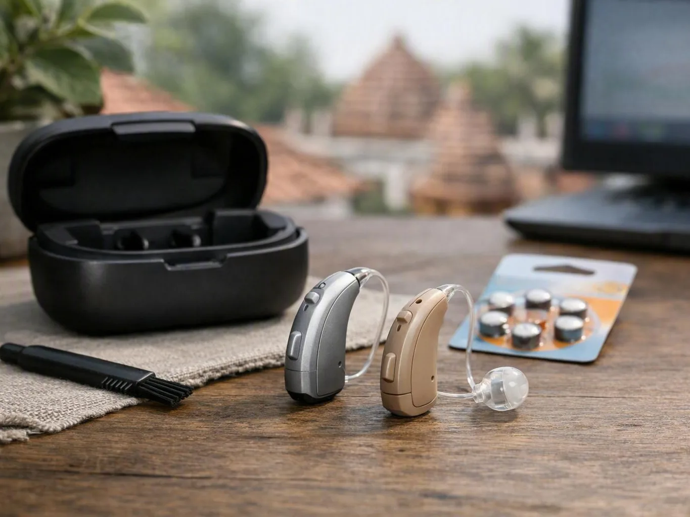 Audiologist adjusting a digital hearing aid at a clinic desk