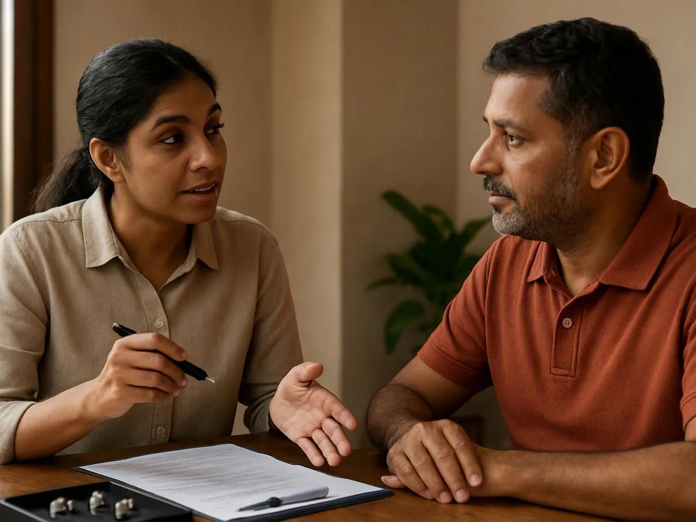 Woman explains a document to a man during a consultation in a warm indoor room